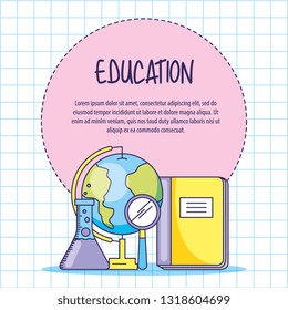 Back to school education poster round frame with utensils cartoons vector digital illustration image