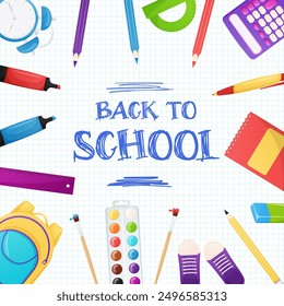 Back to school , education poster with school stationery