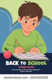 Back to School Education Poster Template. Student Writing in Notebook. Flat Style Illustration of Schoolboy Doing Homework, Online Learning, Classroom Activity. Vector Banner for education, school