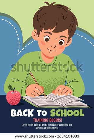Back to School Education Poster Template. Student Writing in Notebook. Flat Style Illustration of Schoolboy Doing Homework, Online Learning, Classroom Activity. Vector Banner for education, school