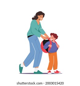 Back to School, Education and Preparation for Studying Concept. Mother Character Take On Rucksack on Schoolboy Prepare for Lesson. Boy Pupil Ready for Education. Cartoon People Vector Illustration