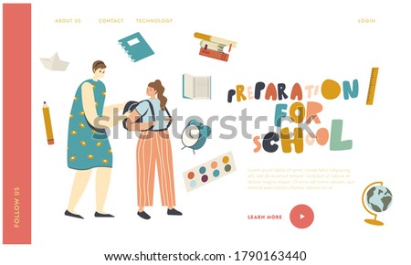 Back to School, Education or Preparation for Studying Landing Page Template. Mother Character See Off Schoolgirl on Lesson. Girl Pupil Ready for New Educational Year. Linear People Vector Illustration