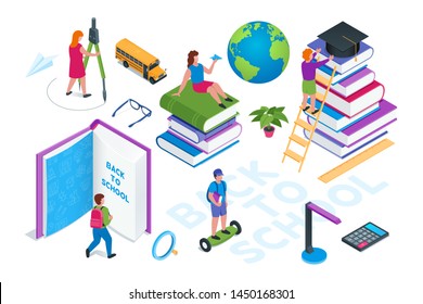 Back to school, education and research banner. Scene with miniature people, children, students and layouts of school stationery. Isometric vector illustration