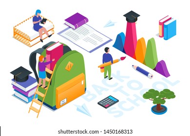 Back to school, education and research banner. Scene with miniature people, children, students and layouts of school stationery. Isometric vector illustration