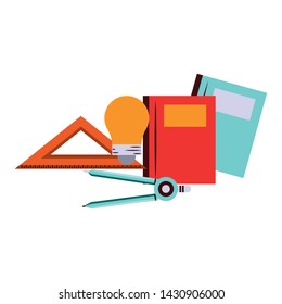 Back to school education ruler and compass with books cartoons vector illustration graphic design