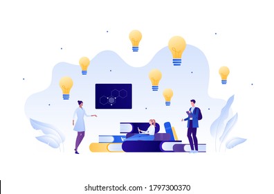 Back to school education and science concept. Vector flat person illustration. Group of student with female professor in lab coat. Lightbulb, laptop, board. Design for banner, web, infographic.