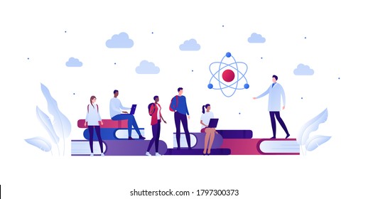 Back To School Education And Science Concept. Vector Flat Person Illustration. Group Of Multiethnic Student With Professor In Lab Coat. Laptop, Atom, Book. Design For Banner, Poster, Web, Infographic.