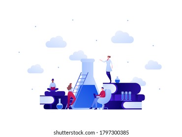 Back to school education and science concept. Vector flat person illustration. Group of student with female teacher in lab coat. Ladder, tube, flask sign. Design for banner, poster, web, infographic.