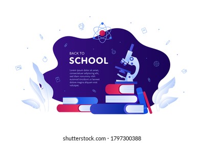 Back to school, education and science concept. Vector flat banner template illustration. Frame with text. Book, microscope, atom physic and chemistry symbol. Design for web, infographic, invitation.