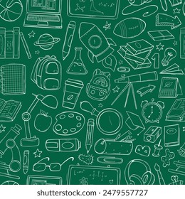 Back to school, education seamless pattern with hand drawn doodles, cartoon elements on green chalkboard background for wallpaper, wrapping paper, textile prints, etc. EPS 10