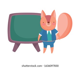 back to school education squirrel with uniform and chalkboard vector illustration