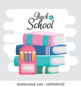 back to school education stacked books colored pencils in box vector illustration