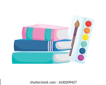 back to school education stacked books and palette color brush art vector illustration