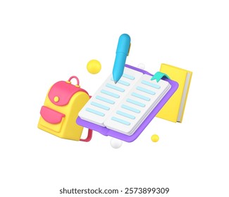 Back to school education student studying lesson 3d icon realistic vector illustration. Learning knowledge information notebook writing with backpack library graduation homework book literature