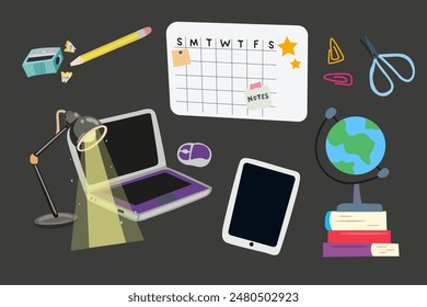 Back to school, education, study concept. Set of school supplies. Children's cute stationery subjects, pencil, books, laptop, tablet, lamp, scissors, glider. Flat vector illustration