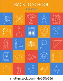 Back to school. School, education, study, learning, science icons set, vector. Line vector