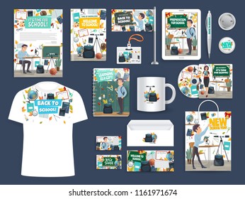 Back To School Education And Study Promo Stationery Mockups. Vector Advertisement Materials Notebook, T-shirt Or Flag And Cup Mug, Pen Or Badge And Envelope For Office Supplies With School Design