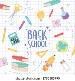 back to school, education supplies stationery elements cartoon grid background vector illustration