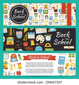 Back to School and Education Template Banners Set. Modern Flat Style Design Vector Illustration of Brand Identity for Knowledge Knowledge Science University and College Promotion. Colorful Pattern