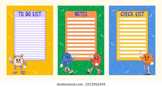 Back to school, education theme. Set blanks of to do list, notes and check list for kids, students. Planner page. Funny groovy characters in flat style.