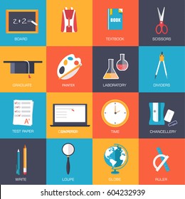 Back to school education vector art icons. Flat university elements set. Template palette symbols for your study design.