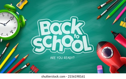 Back to school education vector background design. Back to school text in chalk board element with creativity tools of color pencil, brush and rocket for elementary student art education. 