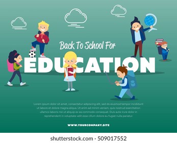 Back to school. Education vector banner with happy pupil carrying backpack, school supply and stationery illustration. Start getting knowledge, studying process, learning activity advertisement

