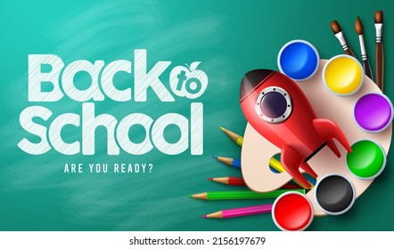 Back to school education vector design. Back to school typography text in chalkboard background with painting, rocket and color pencil elements for student creativity learning. Vector illustration.
