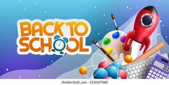 Back to school education vector design. Back to school text with rocket, painting and science icon education learning elements for creative art study. Vector illustration.
