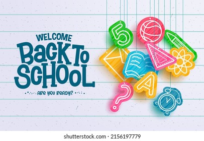 Back to school education vector design. Welcome back to school text with hanging educational symbols in paper cut decoration for study learning messages. Vector illustration.
