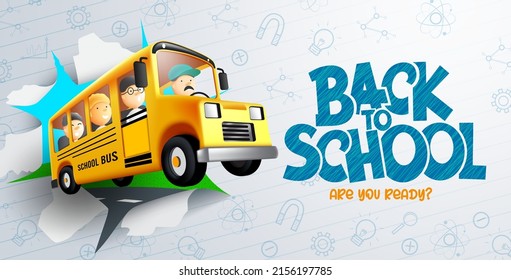 Back to school education vector design. Back to school text with student characters riding school bus in paper doodle background for educational service journey. Vector illustration.
