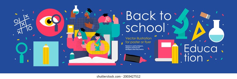 back to school   education  Vector illustration schoolchildren   students in college   university and books  pencils  microscope   school objects  Drawings for poster  background flyer