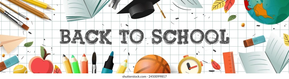 Back to school and education. Vector illustration of books, pencils, basketball ball and other school objects on checkered pattern paper. Drawings for poster, background or flyer