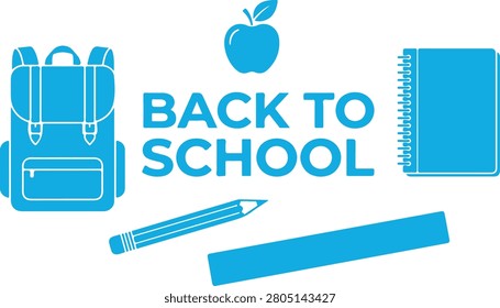 Back to school education vector illustration featuring minimalist blue icons of a backpack notebook pencil ruler and apple symbol on a clean white background for academic design projects
