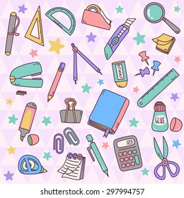 Back to School Education Vector Illustration Collection. Stationery design element clip art in cute doodle flat style. Office stuffs drawings in vector. Pencil, calculator, pen, eraser, ruler, glue 