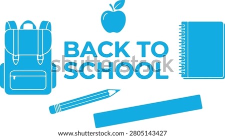 Back to school education vector illustration featuring minimalist blue icons of a backpack notebook pencil ruler and apple symbol on a clean white background for academic design projects