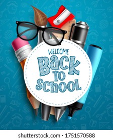 Back to school education vector template. Welcome back to school text in white empty space with colorful educational supplies and school elements in blue pattern background. Vector illustration.
