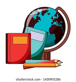 Back to school education world globe and books with pencils cartoons vector illustration graphic design