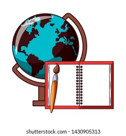 Back to school education world globe and notebook with paint brush cartoons vector illustration graphic design