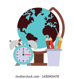 Back to school education world globe and pencils with alarm clock cartoons vector illustration graphic design