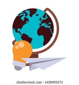 Back to school education world globe and bulb light with paper plane cartoons vector illustration graphic design