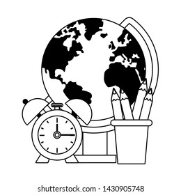 Back to school education world globe and pencils with alarm clock cartoons vector illustration graphic design
