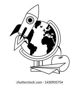 Back to school education world globe and paper plane with apple and spaceship cartoons vector illustration graphic design