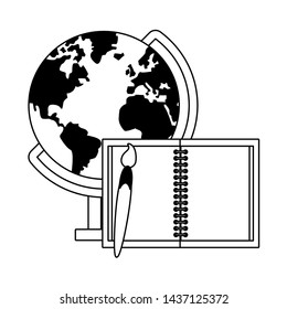 Back to school education world globe and notebook with paint brush cartoons vector illustration graphic design