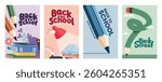 Back to school educational clipart poster set. School greeting text clip art collection with color pencil, crayons and books drawing elements education template vector illustration.  
