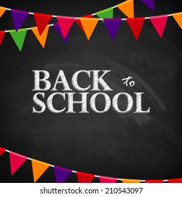 back to school. educational illustration with blackboard texture and multicolored holiday flags