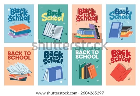 Back to school educational poster clipart set. School welcome greeting text clip art with books, textbooks, open and closed reading materials template collection vector illustration. 
