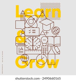 Back to school. Educational poster with the motivational phrases "Learn" and "Grow", featuring simple geometric icons on a yellow background.