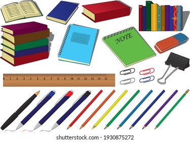 Back to school educational supplies vector set, school  supplies such as books, notes, fountain or ball pen, grey or colour pencils, paper clips, rubber, eraser and ruler