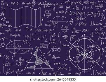 "Back to school" educational vector seamless pattern with math and physics handwritten formulas, equations and calculations